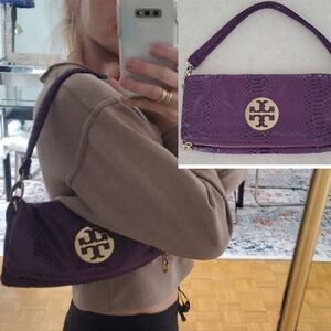 Vintage Leather Reptile Tory Burch Deep Purple Wristlet Clutch Shoulder Bag